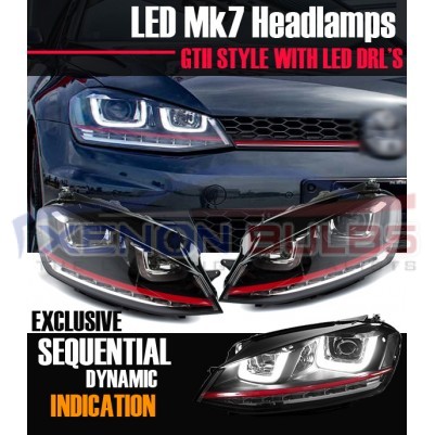 RED HEADLAMPS For VW GOLF MK7 BI XENON DRL DAYTIME RUNNING LIGHT LED RHD